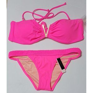 NWT Victoria's Secret 2 pc Neon Pink Halter XL Top /L Bikini Bottom Swimwear